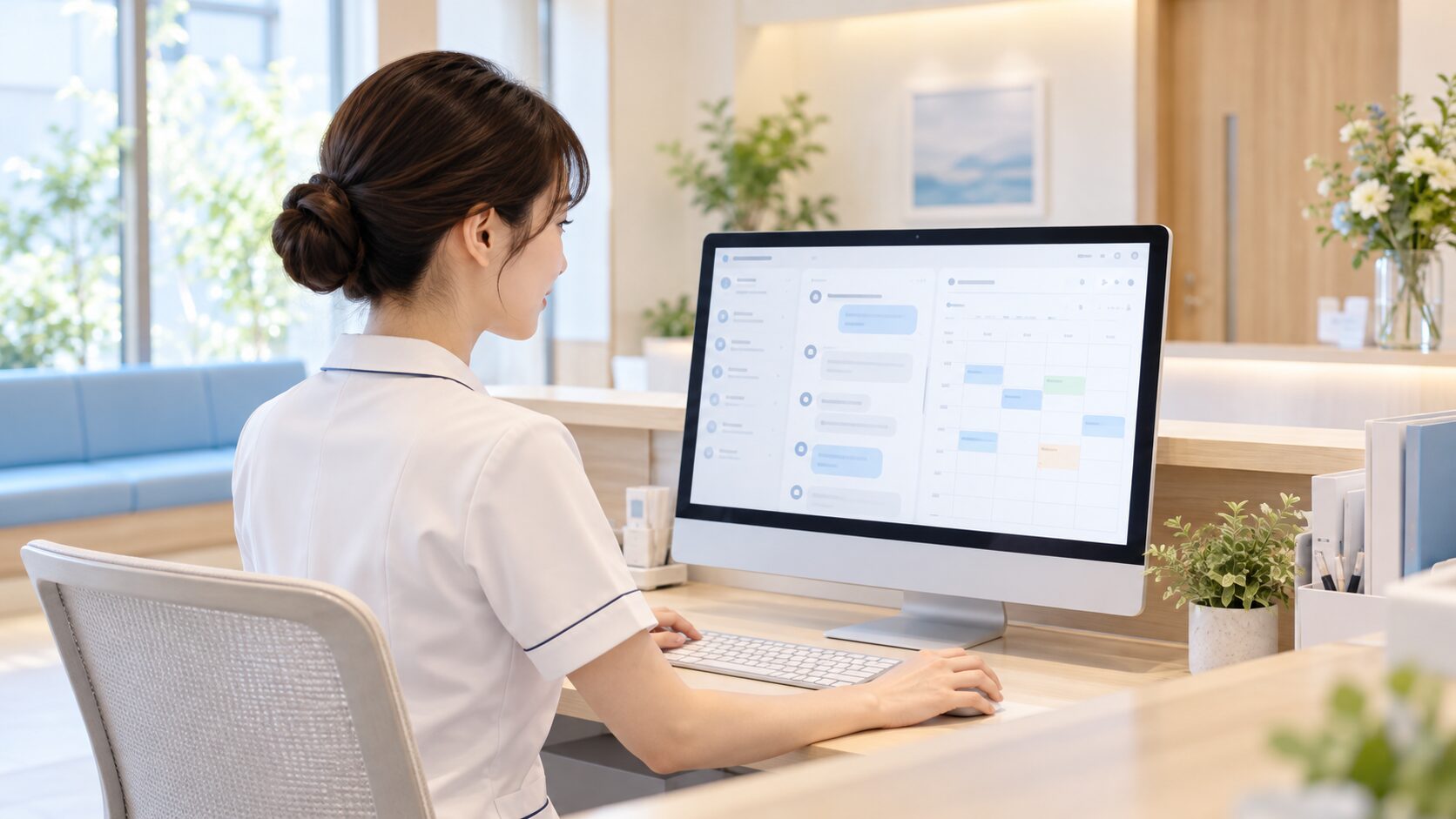 受付担当者がメッセージと予約案内を確認するイメージ