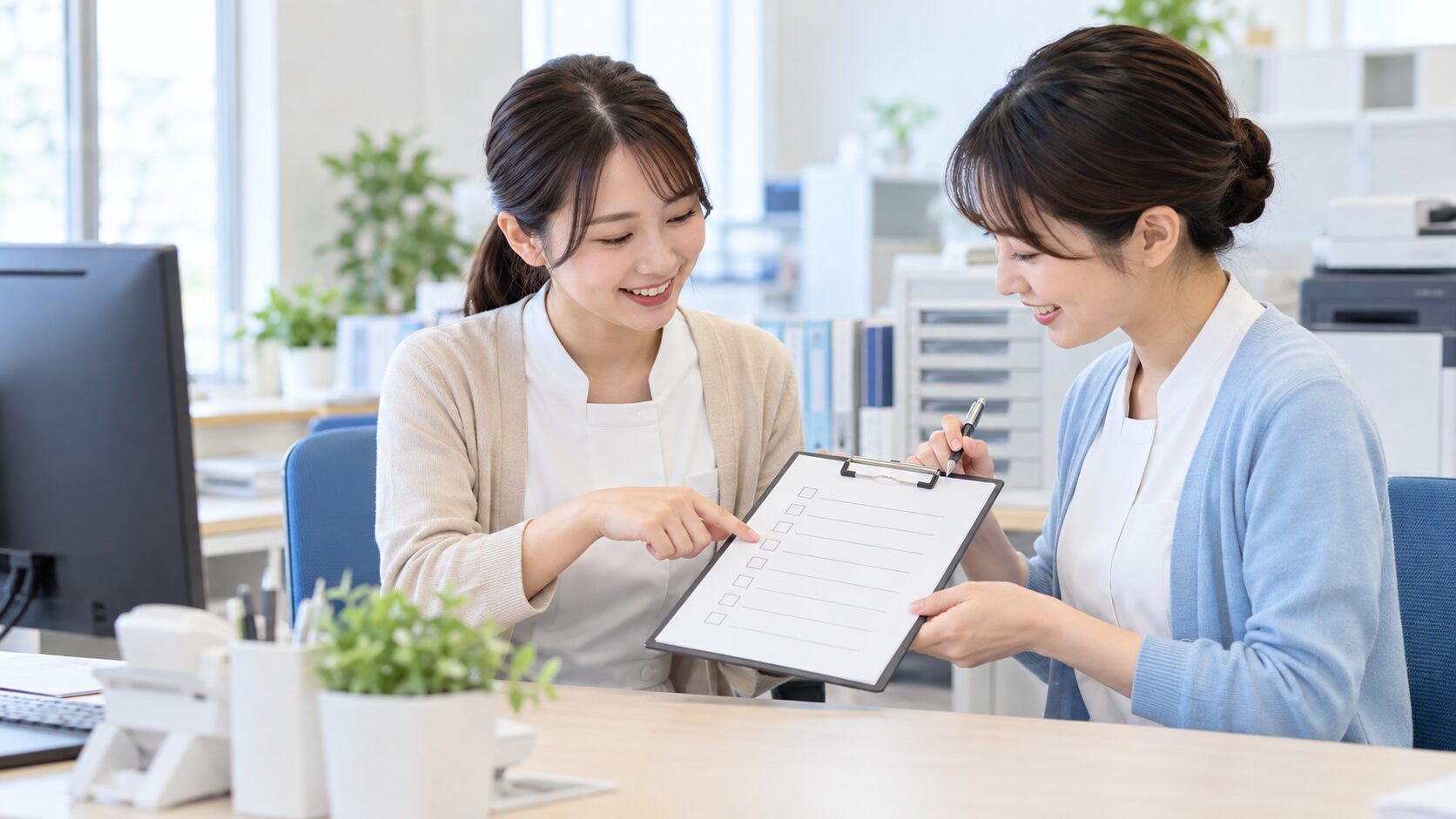 院内スタッフがLINE受付の担当と手順を相談するイメージ